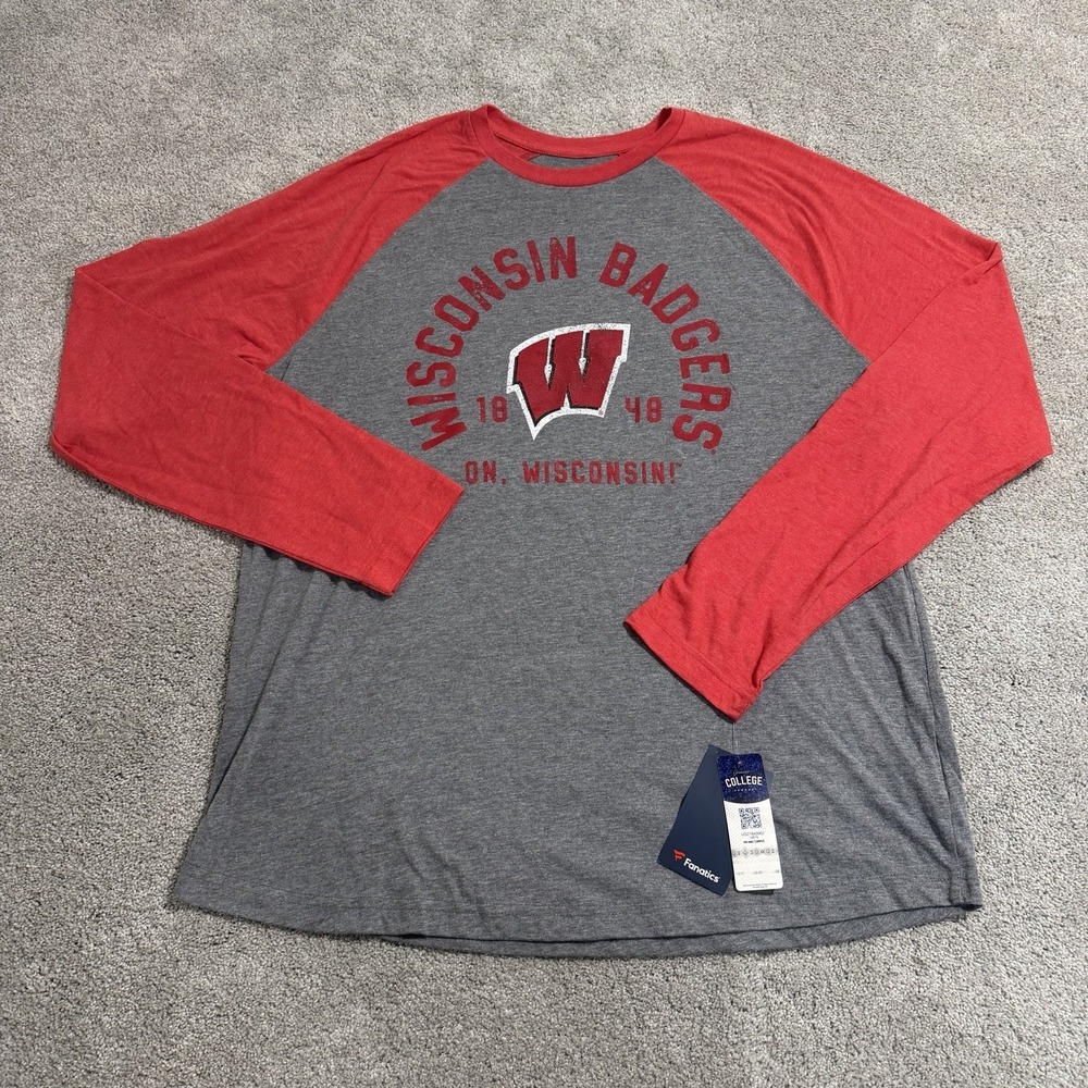 Wisconsin Badgers T Shirt Mens XL Grey Red Fanatics Long Sleeve Tee NCAA NWT